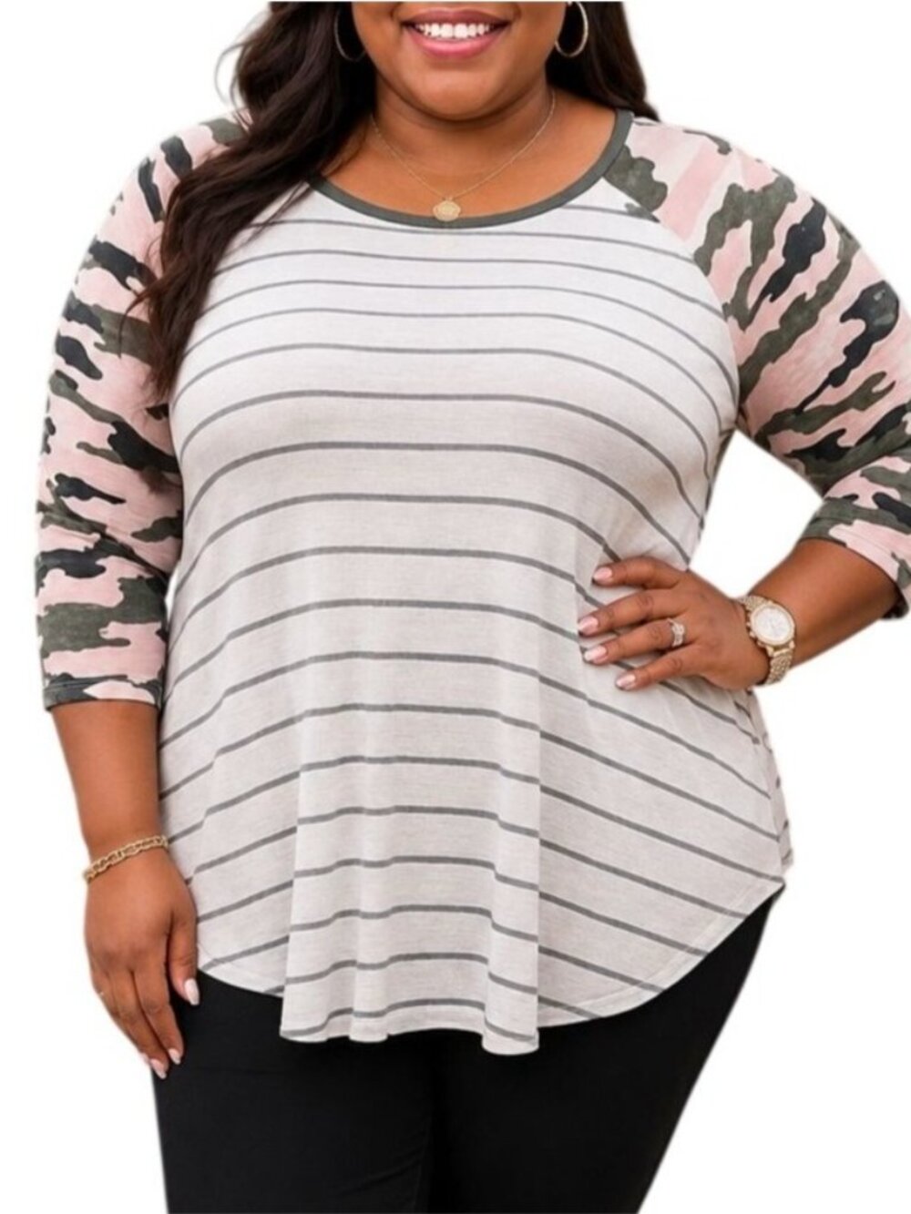 Maurices 24/7 Size XXL Top Raglan Gray Striped Camo 3/4 Sleeves